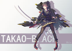  absurdres alternate_costume ancle_(aruncle) artist_name azur_lane black_hair cannon commentary female full_body hair_ribbon highres katana long_hair long_sleeves looking_away military military_uniform pantyhose pleated_skirt ponytail ribbon rigging sheath skirt solo standing sword takao_(azur_lane) thighband_pantyhose turret uniform weapon world_of_warships yellow_eyes 