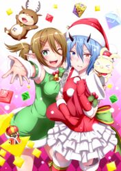  &gt;_&lt; +_+ 2girls ;d animal animal_on_shoulder bakuchiku bell bird bird_on_shoulder blue_eyes blue_hair blush breasts brown_hair christmas commentary_request creature deer dress fur-trimmed_gloves fur_hat fur_trim gloves gradient_background green_dress green_eyes hair_between_eyes hair_ornament hairclip hat heterochromia highres holding horns io_(pso2) looking_at_viewer medium_breasts midriff multiple_girls one_eye_closed open_mouth patty_(pso2) phantasy_star phantasy_star_online_2 pink_background pointy_ears rappy red_dress red_gloves red_hat red_legwear reindeer santa_costume santa_hat short_hair smile standing stuffed_animal stuffed_reindeer stuffed_toy teeth thighhighs tongue toy twintails upper_body upper_teeth_only wavy_mouth white_background 