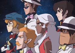  4boys ahoge bow bowtie brown_hair circlet commentary coran_(voltron) cosplay dark_skin dark_skinned_male facial_hair fushigi_no_umi_no_nadia glasses hat hunk_(voltron) hyakujuu-ou_golion keith_(voltron) lance_(voltron) moustache multiple_boys multiple_girls orange_hair parody pidge_gunderson pointy_ears princess_allura reverse_trap scarf sideburns silver_hair steve_ahn sunglasses voltron:_legendary_defender 