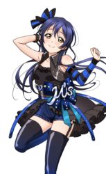  armpits artist_request bare_shoulders blue_hair blush boots bow bracelet breasts brown_eyes collarbone detached_sleeves female garter_straps hairbow jewelry long_hair looking_at_viewer love_live! love_live!_school_idol_festival love_live!_school_idol_festival_after_school_activity love_live!_school_idol_project official_art punk shorts simple_background single_detached_sleeve small_breasts smile solo sonoda_umi striped thigh_boots thighhighs transparent_background 