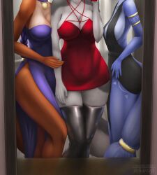  black_clothing black_dress blue_clothing blue_dress boots braided_hair breasts canid canine carmelita_fox clothing collar dress faceless_character female footwear fox group hair hand_on_leg hellaverse helluva_boss hi_res jewelry krystal_(star_fox) legwear loona_(helluva_boss) mammal minidress mirror necklace nintendo red_clothing red_dress sartefi shoes side_boob simple_background slit_dress sly_cooper_(series) sony_corporation sony_interactive_entertainment star_fox strapless_clothing strapless_dress sucker_punch_productions tail thick_thighs thigh_boots thigh_highs trio 