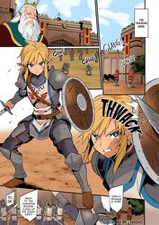  2boys angry angry_face armor bara bl blonde_hair blue_eyes colorized comic comic_page convincing_armor cute_male decensored english_text fighting gay height_difference hi_res king link male_only morikoke size_difference soldier speech_bubble tan_skin the_legend_of_zelda twink yaoi 