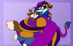  anthro barefoot belly big_belly blue_body blue_fur brown_body brown_fur clothed clothing digital_drawing_(artwork) digital_media_(artwork) duo feet felid fool&#039;s_hat fur hair hat headgear headwear hi_res horn hug hugging_another jayme_universe jester king_of_fools_(ck-19) lion male male/male mammal mask multi_ear open_mouth overweight overweight_anthro overweight_male pantherine simple_background size_difference smile stretching stretching_arms stretchy stretchy_hug tail teeth toes topwear wearing_mask yellow_eyes 