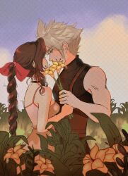  1boy aerith_gainsborough bare_arms bare_shoulders belt black_choker black_shirt blonde_hair blue_eyes braid braided_ponytail breasts brown_belt choker cloud cloud_strife cloudy_sky couple dress earrings female final_fantasy final_fantasy_vii flower hair_between_eyes hair_ribbon highres jewelry lily_(flower) looking_at_another medium_breasts outdoors parted_bangs pink_dress pink_ribbon ribbon shirt short_hair sidelocks single_braid single_earring sky sleeveless sleeveless_turtleneck softp3ach spaghetti_strap spiked_hair straight turtleneck upper_body yellow_flower 