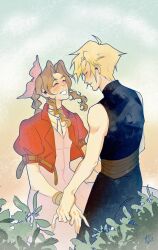  1boy aerith_gainsborough bangle bare_shoulders belt blonde_hair blue_pants blue_shirt blush bracelet braid braided_ponytail breasts brown_belt brown_hair cleavage clily027 closed_eyes cloud_strife couple cropped_jacket dress earrings female final_fantasy final_fantasy_vii final_fantasy_vii_remake hair_ribbon half-closed_eyes holding_hands jacket jewelry long_hair medium_breasts pants parted_bangs parted_lips pink_dress pink_ribbon puffy_short_sleeves puffy_sleeves red_jacket ribbon shirt short_hair short_sleeves sidelocks single_braid single_earring sleeveless sleeveless_shirt smile spiked_hair straight teeth 