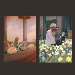  2boys 2girls aerith_gainsborough aerith_gainsborough_(cosplay) alternate_universe anothingvv armor artist_name baggy_pants bangle bell bell_tower black_gloves black_pants black_shirt blonde_hair bracelet brown_hair church closed_mouth cloud_strife cloud_strife_(cosplay) cosplay couple cropped_jacket dress final_fantasy final_fantasy_vii final_fantasy_vii_remake flower flower_bed gloves grey_hair hair_ribbon hand_on_own_chest hands_on_own_knees highres indoors jacket jewelry leaning_forward lily_(flower) long_dress looking_at_another love_and_deepspace lying multiple_boys multiple_girls on_back on_rooftop pants pauldrons pink_dress pink_ribbon pleated_skirt ponytail protagonist_(love_and_deepspace) protagonist_(love_and_deepspace)_(cosplay) red_jacket ribbon shirt short_hair shoulder_armor sidelocks single_bare_shoulder single_pauldron sitting skirt sleeveless sleeveless_shirt spiked_hair straight suspenders white_flower white_jacket white_skirt xavier_(love_and_deepspace) xavier_(love_and_deepspace)_(cosplay) yellow_flower 