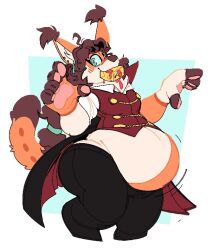  anthro belly big_belly boot_(artist) brown_hair caracal caracal_(genus) curly_hair domestic_cat facial_markings felid feline felis female hair head_markings hybrid inflation juice_box liquid_inflation lore_(lorejuniper) lynx maine_coon mammal markings mask_(marking) orange_body solo tan_body trans_(lore) trans_woman_(lore) vampire_costume 