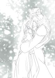  1boy aerith_gainsborough armor arms_around_back bare_shoulders braid braided_ponytail choker closed_eyes cloud_strife couple dress female final_fantasy final_fantasy_vii final_fantasy_vii_advent_children greyscale hair_ribbon highres hug long_dress long_hair monochrome parted_bangs pauldrons ribbon short_hair shoulder_armor sidelocks single_braid single_pauldron single_sleeve sleeveless sleeveless_dress spiked_hair straight tears tokiokiyu upper_body vest waist_cape 