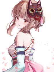  back_bow bare_shoulders blunt_bangs blush bow braid breasts chest_sarashi commentary_request cowboy_shot crown_braid detached_sleeves falling_petals female fox_mask from_side hair_bun hair_ornament heaven_burns_red highres huge_bow kiryuu_miya kiryuu_miya_(fleeting_sparkle) korean_commentary large_breasts long_hair long_sleeves looking_at_viewer mask mask_on_head milchu official_alternate_costume official_alternate_hairstyle open_mouth petals pink_bow red_eyes sarashi sidelocks simple_background single_hair_bun solo tassel tassel_hair_ornament white_background wide_sleeves 