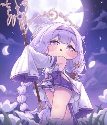  absurdres armpit_crease bare_shoulders braid breasts chibi chibi_only commentary_request crescent crescent_hair_ornament detached_sleeves falling_petals female field flower flower_field full_moon fundoshi hair_intakes hair_ornament hairband hakama hakama_skirt highres holding holding_staff japanese_clothes korean_commentary long_hair looking_at_viewer low_twin_braids moon oerba_yun_fang open_mouth panties pantyshot petals purple_eyes purple_hair purple_hairband purple_hakama side_slit sideboob skirt sky sleeves_past_fingers sleeves_past_wrists smile solo staff star_(sky) starry_sky trickcal twin_braids underwear very_long_hair wjddn yomi_(trickcal) 