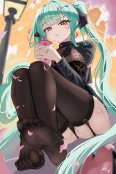  :t absurdly_long_hair absurdres aqua_hair aqua_nails black_thighhighs blunt_bangs blush bow brown_eyes commentary_request cup female garter_straps goddess_of_victory:_nikke hairbow highres holding holding_cup lamppost long_hair looking_at_viewer mole no_shoes official_alternate_costume petals privaty_(nikke) privaty_(sharp_lesson)_(nikke) sitting solo striped_clothes thighhighs twintails user_jrgc3587 very_long_hair 