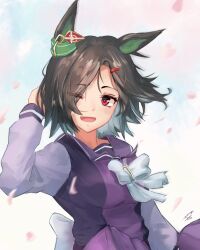  ;d absurdres animal_ears bandaid bandaid_on_cheek bandaid_on_face black_hair blush bow bowtie breasts brown_hair commentary female hair_ornament hairclip highres horse_ears horse_girl large_breasts long_sleeves one_eye_closed open_mouth petals purple_sailor_collar purple_serafuku purple_shirt purple_skirt red_eyes sailor_collar sailor_shirt sasami_oishine school_uniform serafuku shirt skirt smile solo swept_bangs tracen_school_uniform umamusume white_bow white_bowtie winning_ticket_(umamusume) 