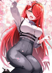  absurdres black_hair boxterebityan3 breasts collared_shirt commentary_request falling_petals female grey_eyes grey_pants hair_over_one_eye high-waist_pants highres lain_paterson long_hair multicolored_hair nijisanji open_mouth pants petals pink_petals red_hair shirt smile solo streaked_hair virtual_youtuber white_shirt 