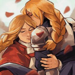  2girls agrias_oaks armor blonde_hair braid closed_eyes dress elbow_pads final_fantasy final_fantasy_tactics hand_on_another's_arm highres kissing kissing_forehead lying multiple_girls on_back ovelia_atkascha petals red_robe robe shoulder_pads signature soulfulweaver upper_body white_dress yuri 