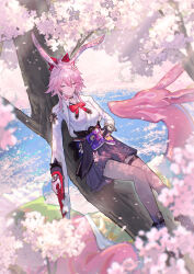  absurdres animal_ears book book_on_lap bow breasts cherry_blossoms cleavage closed_eyes commentary_request cropped_jacket evanescia_(honkai:_star_rail) female flower fox fox_ears fox_girl gloves hair_between_eyes hair_flower hair_ornament highres honkai:_star_rail honkai_(series) isome on_branch pantyhose petals pink_hair short_hair single_wide_sleeve skirt sprite thigh_strap 