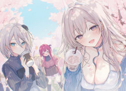  >_< 3girls ahoge black_sweater blue_eyes blue_sweater breasts brown_skirt bubble_tea chaos_zero_nightmare cherry_blossoms cleavage commentary cup disposable_cup falling_petals grey_hair large_breasts long_hair looking_at_viewer multiple_girls petals purple_eyes purple_hair red_sweater rei_(chaos_zero_nightmare) renoa_(chaos_zero_nightmare) rering sereniel_(chaos_zero_nightmare) short_hair skirt smile sweater tank_top tree untranslatable_commentary very_long_hair white_tank_top 