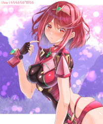  absurdres blurry blurry_background breasts chest_jewel commentary_request cowboy_shot female highres medium_breasts pyra_(xenoblade) red_eyes red_hair red_shorts short_hair short_shorts shorts skin_tight solo tiara twitter_username wade_(njud8343) xenoblade_chronicles_(series) xenoblade_chronicles_2 