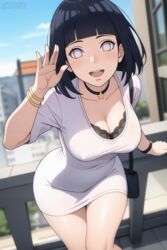  1girls :d ai_generated bangle bangs black_bra black_hair blue_sky blunt_bangs boruto:_naruto_next_generations bra bra_visible_through_clothes bracelet breasts cleavage collarbone day depth_of_field dress eyelashes handbag hyuuga_hinata jewelry large_breasts looking_at_viewer naruto necklace no_pupils open_mouth outdoors see-through short_hair shoulder_bag sky smile snazzdaz snazzle solo stable_diffusion standing watch watermark waving white_dress white_eyes 