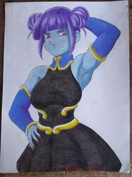  armpits black_dress blue_skin blue_skinned_female breasts brown_pants clothed clothed_female fully_clothed girl hair_bun long_hair long_sleeves medium_breasts painted_nails purple_hair red_eyes red_nails sleeveless_dress super_dragon_ball_heroes traditional_media_(artwork) twin_buns vidro yamidanight 