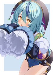  absurdres ahoge blue_hair blush clothing_cutout diamond-shaped_pupils diamond_(shape) female frilled_sleeves frills hair_between_eyes hat highres long_hair long_sleeves nijisanji side_cutout sleeves_past_fingers sleeves_past_wrists solo squatting symbol-shaped_pupils takechi49 tamanoi_nana thighs tongue tongue_out virtual_youtuber yellow_eyes 