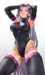  absurdres armpits arms_behind_head black_gloves black_leotard black_thighhighs breasts commentary covered_navel elbow_gloves facial_mark fate/grand_order fate_(series) female forehead_mark gloves highleg highleg_leotard highres large_breasts leotard licking_lips long_hair looking_at_viewer medusa_(fate) medusa_(rider)_(fate) purple_eyes purple_hair solo thighhighs tongue tongue_out tonko_from very_long_hair 