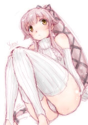  brown_eyes commentary_request detached_sleeves female hair_ribbon kantai_collection koshigaya_tatsumi long_hair one-hour_drawing_challenge panties pink_hair ponytail ribbed_sweater ribbon simple_background solo sweater thighhighs underwear white_background white_panties white_sweater white_thighhighs yura_(kancolle) 