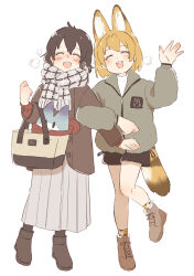  0nanaten 2girls absurdres alternate_costume animal_ears bag black_hair black_pantyhose black_shorts blonde_hair blush boots breath brown_coat brown_footwear casual cat_ears cat_girl cat_tail closed_eyes coat collar extra_ears frilled_collar frills fur_trim grey_coat grey_scarf grey_skirt hair_between_eyes handbag highres kaban_(kemono_friends) kemono_friends locked_arms long_skirt long_sleeves lucky_beast_(kemono_friends) multiple_girls open_mouth pantyhose plaid_clothes plaid_scarf pleated_skirt print_socks red_scarf red_sweater scarf serval_(kemono_friends) serval_print short_hair short_shorts shorts sidelocks skirt smile socks standing standing_on_one_leg sweater tail turtleneck turtleneck_sweater waving white_fur white_sweater winter_clothes 