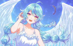  :d absurdres adjusting_hair ahoge aqua_hair armpit_crease blue_sky blush braid breasts collarbone diamond-shaped_pupils diamond_(shape) dress falling_feathers feathers female hair_between_eyes highres long_hair medium_breasts nijisanji open_mouth saitohkagura sky smile solo spaghetti_strap symbol-shaped_pupils tamanoi_nana twintails virtual_youtuber white_dress wings yellow_eyes 