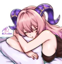  alternate_costume artist_name breasts closed_eyes female fire_emblem fire_emblem_heroes goat_horns highres horns large_breasts nerthuz_(fire_emblem) parted_lips pillow pink_hair sideboob sleeping solo 