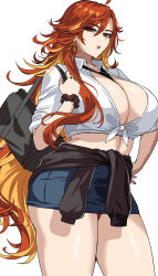  alternate_costume amesuku_gyaru breasts cleavage earrings female genshin_impact gyaru hella_p highres jewelry kogal large_breasts long_hair looking_at_viewer mavuika_(genshin_impact) multicolored_hair orange_hair red_eyes red_hair shirt simon_(ttgl) solo two-tone_hair very_long_hair white_background white_shirt 