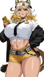  amesuku_gyaru animal_ears black_necktie blonde_hair breasts cellphone female genshin_impact gyaru hella_p highres holding holding_phone jaguar_ears jaguar_girl jaguar_tail kogal large_breasts looking_at_viewer midriff navel necktie phone shirt shorts solo tail tied_shirt white_shirt xilonen_(genshin_impact) yellow_shorts 