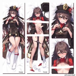  arukamikad black_nails black_panties black_shorts blush breasts brown_hair censored chinese_clothes collared_coat dakimakura_(medium) feet female flower flower-shaped_pupils full_body genshin_impact hat hat_flower highres hu_tao_(genshin_impact) jewelry legs_together long_hair looking_at_viewer lying medium_breasts multiple_rings multiple_views navel no_shoes on_back open_clothes panties panty_pull plum_blossoms porkpie_hat red_eyes ring sena_chifuyu shorts side-tie_panties smile socks solo symbol-shaped_pupils teeth thighs twintails underwear untied_panties unworn_hat unworn_headwear unworn_socks white_socks 