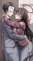  1boy absurdres antenna_hair bags_under_eyes black_hair black_wings blue_archive blush breasts commentary_request doodle_sensei_(blue_archive) female grey_suit halo heart highres hug indoors komena_(shinyday312) large_breasts long_hair looking_at_another paper_on_head pink_sweater profile red_eyes ribbed_sweater sensei_(blue_archive) straight suit sweater tsurugi_(blue_archive) very_long_hair wings 