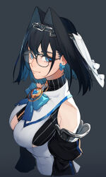  bare_shoulders black-framed_eyewear black_hair blue_eyes bow bow_earrings bowtie breasts chains detached_sleeves earrings eus_ing female glasses grey_background hair_between_eyes hair_intakes heart highres hololive hololive_english jewelry looking_at_viewer ouro_kronii ouro_kronii_(1st_costume) simple_background solo upper_body virtual_youtuber zipper zipper_pull_tab 