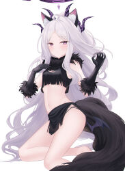  absurdres ahoge alternate_costume animal_ear_fluff animal_ears black_gloves black_shirt black_skirt black_tail blue_archive blush breasts cat_ears closed_mouth commentary cosplay crop_top demon_girl demon_horns demon_wings dong_hawn fake_animal_ears female fur-trimmed_gloves fur_scarf fur_trim gloves grey_hair halloween halloween_costume halo highres hina_(blue_archive) horns kazusa_(blue_archive) kazusa_(blue_archive)_(cosplay) kazusa_(halloween)_(blue_archive) kneeling long_hair long_tail looking_at_viewer low_wings miniskirt multiple_horns navel purple_eyes shirt sidelocks simple_background skirt sleeveless sleeveless_shirt small_breasts solo stomach tail torn_clothes torn_shirt torn_skirt very_long_hair werewolf_costume white_background wings 