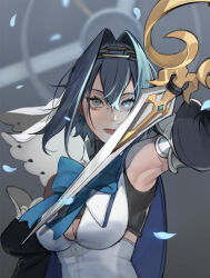  arm_up armpits blue_bow blue_eyes bow breasts cleavage cleavage_cutout clothing_cutout detached_sleeves earrings eus_ing female hair_between_eyes hair_intakes holding holding_sword holding_weapon hololive hololive_english jewelry large_breasts ouro_kronii red_lips shirt short_hair sleeveless sleeveless_shirt solo sword veil virtual_youtuber weapon white_shirt white_veil 