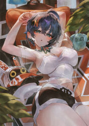  bangboo_(zenless_zone_zero) belle_(zenless_zone_zero) black_shorts blue_hair blush breasts cleavage cowboy_shot crossed_bangs earrings eous_(zenless_zone_zero) female green_eyes hair_ornament hairclip highres indol indoors jewelry large_breasts looking_at_viewer open_mouth short_hair shorts sidelocks sitting sleeveless solo thighs zenless_zone_zero 