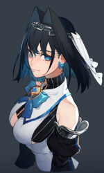  bare_shoulders black_hair blue_eyes bow bow_earrings bowtie breasts chains detached_sleeves earrings eus_ing female grey_background hair_between_eyes hair_intakes heart highres hololive hololive_english jewelry looking_at_viewer ouro_kronii ouro_kronii_(1st_costume) simple_background solo upper_body virtual_youtuber zipper zipper_pull_tab 