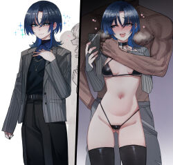  1boy absurdres ass_visible_through_thighs belt bikini black_belt black_bikini black_nails black_pants black_sweater black_thighhighs blue_eyes blue_hair blue_shirt blush breasts breath bridal_gauntlets collared_shirt curtained_hair earclip female grey_jacket hand_in_pocket hand_up highleg highleg_bikini highres hiodoshi_ao hiodoshi_ao_(1st_costume) hololive hololive_dev_is jacket jewelry medium_hair mole mole_under_mouth muscular muscular_male nail_polish navel navel_piercing necklace pants piercing pinstripe_jacket pinstripe_pattern ratatatat74 selfie shirt small_breasts split_theme standing stomach suit_jacket sweater sweater_tucked_in swimsuit thighhighs v-neck virtual_youtuber wolf_cut 