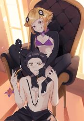  1boy aoui barefoot black_hair blonde_hair capella_emerada_lugnica chair collarbone commentary commission female flower highres natsuki_subaru navel open_mouth re:zero_kara_hajimeru_isekai_seikatsu red_flower red_rose rose sitting tongue tongue_out topless_male yellow_eyes 