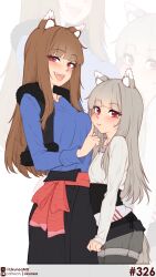 2girls :d absurdres animal_ear_fluff animal_ears blue_shirt blunt_bangs blush breasts brown_hair closed_mouth commentary english_commentary grey_hair highres holo likunea long_hair long_sleeves looking_at_viewer medium_breasts mother_and_child mother_and_daughter multiple_girls myuri_(spice_and_wolf) parent_and_child patreon_logo patreon_username red_eyes shirt sidelocks simple_background small_breasts smile spice_and_wolf tail twitter_username twitter_x_logo white_background wolf_and_parchment wolf_ears wolf_girl wolf_tail zoom_layer 