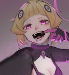  absurdres aoui blonde_hair breasts capella_emerada_lugnica cleavage commentary english_commentary fangs female hair_ornament highres open_mouth purple_eyes re:zero_kara_hajimeru_isekai_seikatsu selfie solo teeth 