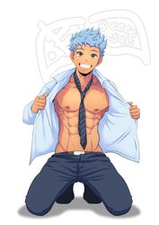  1boy abs absurd_res bara big_chest big_pecs blue_hair camp_buddy chest eeee_san hi_res kneeling lloyd_sirius looking_at_viewer muscles muscular muscular_male necktie nipples office_outfit open_clothes open_shirt pants pecs plain_background seductive seductive_pose smile smiling socks tan_skin veiny watermark white_background yellow_eyes 