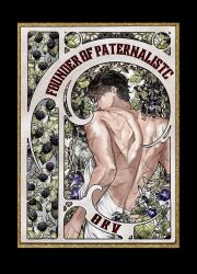  1boy art_nouveau black_hair blackberry_(fruit) cowboy_shot english_text from_behind half-closed_eyes highres looking_at_viewer looking_back male_focus multiple_scars muscular muscular_male omniscient_reader&#039;s_viewpoint robe scar scar_on_arm scar_on_back secretive_plotter short_hair solo toupou39 tree white_robe yoo_joonghyuk 