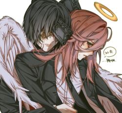  2boys absurdres angel angel_devil_(chainsaw_man) angel_wings black_jacket black_necktie black_suit blood blood_on_face chainsaw_man closed_mouth collared_shirt feathered_wings gun gun_devil_(chainsaw_man) hair_between_eyes halo hayakawa_aki highres hug hug_from_behind jacket korean_commentary korean_text long_hair male_focus monster multiple_boys necktie pb_0up4 shirt suit suit_jacket sweat traditional_halo translation_request weapon white_background white_shirt white_wings wings 