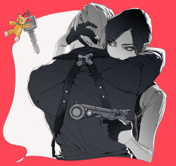  1boy ada_wong arm_around_neck black_gloves black_hair black_shirt border charm_(object) commentary couple cropped_torso female gloves grey_eyes gun hand_in_another&#039;s_hair highres holding holding_gun holding_weapon hug key leon_s._kennedy long_sleeves parted_bangs peanut9021 pink_border resident_evil resident_evil_4 resident_evil_4_(remake) shirt short_hair straight stuffed_animal stuffed_toy symbol-only_commentary teddy_bear upper_body weapon white_background 