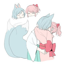  2girls animal_ears arms_around_neck back_bow bang_dream! blue_hair blue_skirt blush bow chieh closed_eyes closed_mouth fox_ears fox_girl fox_tail hakama hakama_skirt hikawa_hina hug japanese_clothes kemonomimi_mode kimono kissing licking_lips maruyama_aya miko multiple_girls pink_kimono ponytail short_hair simple_background skirt tail tongue tongue_out white_background white_kimono yuri 