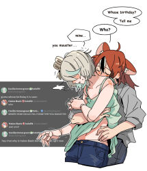  2girls animal_ears aqua_streaks black_streaks blue_pants blush camisole cecilia_immergreen closed_eyes commentary doll_joints english_commentary english_text fongban_illust green_camisole grey_shirt hakos_baelz hand_on_another&#039;s_waist highres hololive hololive_english hug hug_from_behind joints kissing kissing_neck mouse_ears multiple_girls pants red_hair shirt simple_background speech_bubble trembling twitter virtual_youtuber white_background white_hair white_streaks winding_key yuri 