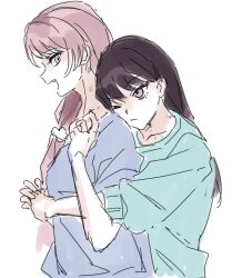  2girls bang_dream! bang_dream!_it&#039;s_mygo!!!!! bite_mark bite_mark_on_shoulder blue_sweater brown_hair chihaya_anon closed_mouth grey_eyes hickey hug hug_from_behind long_hair multiple_girls oerba_yun_fang one_eye_closed open_mouth pink_hair purple_eyes purple_shirt rinya_(8571109) shiina_taki shirt simple_background smile sweater white_background yuri 