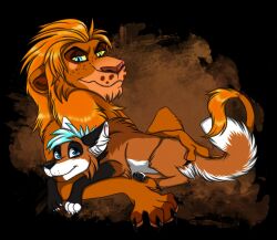  blue_eyes blue_hair brown_body brown_fur brown_nose canid canine cheek_tuft cuddling duo facial_tuft felid feral freckled_face freckles fur glistening glistening_eyes green_eyes hair inner_ear_fluff kodaac lion male male_feral mammal mouth_closed orange_body orange_fur orange_hair pantherine pink_nose simple_background tuft white_body white_fur white_inner_ear_fluff 